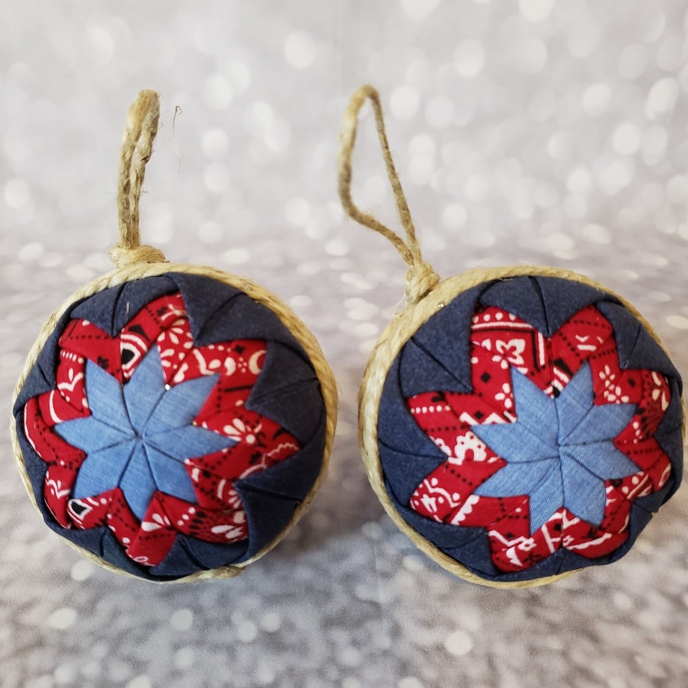 Quilted Fold Christmas Ornaments Fabric Red Blue Americana Western Hand Made - Picture 2 of 6